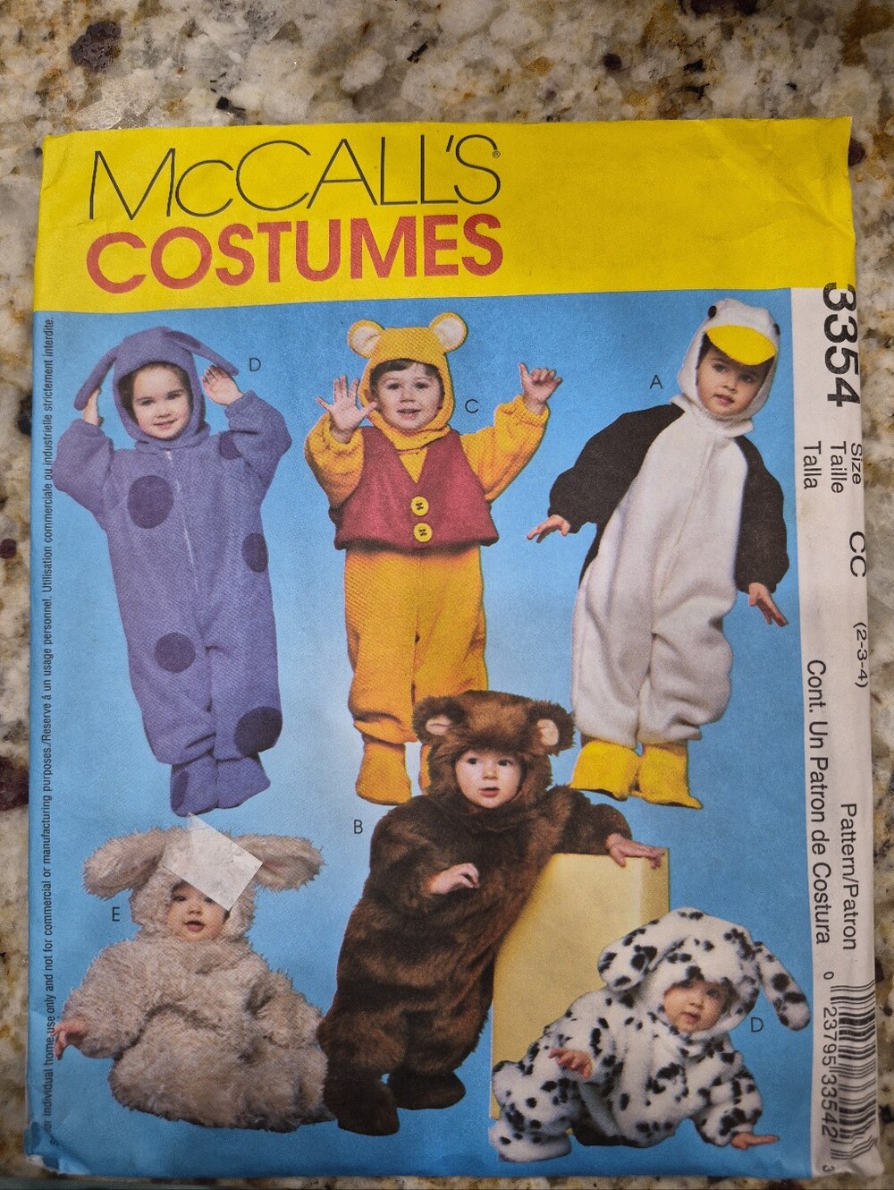 McCall's 3354 Size 2 3 4 Toddler's Costumes Duck Rabbit Bear Dalmation Monster